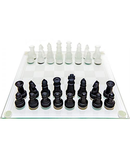Glazen schaakspel 25 cm - melkwitte doorzichtige schaakstukken Raindroptime