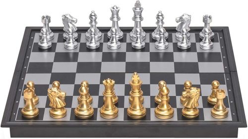 Magnetisch zak schaakspel damspel met gouden en zilveren schaakstukken 36 x 36 cm - Raindroptime