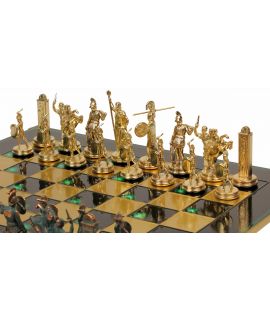 Poseidon gold and antique copper chess set and green brass chess board 36 cm