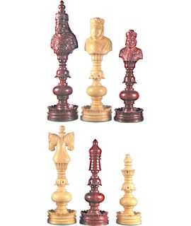 Duits Tweelingpaard schaakstukken - gesneden chikri en padouk rozenhout - koningshoogte 20 cm