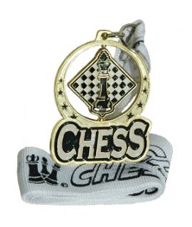 Gold spinning chess medal with ribbon
