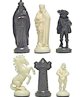 Medieval style plastic white & black chess pieces - king height 96 mm - size 6