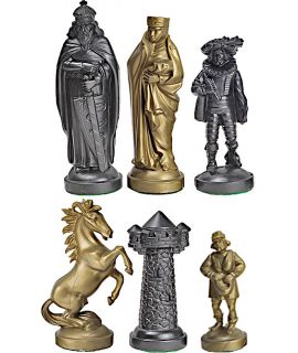 Medieval style plastic gold & black chess pieces - king height 96 mm - size 6