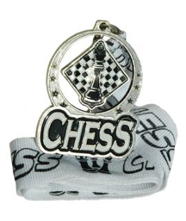 Silver spinning chess medal with ribbon