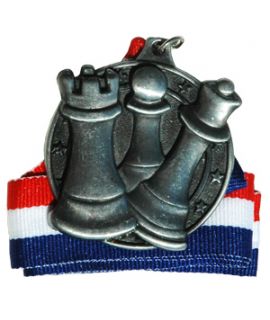 Silver round chess medal with ribbon