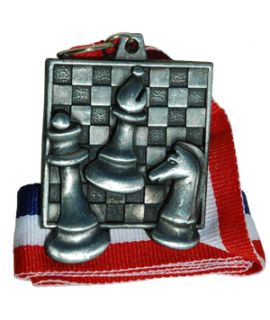 Silver square chess medal with ribbon